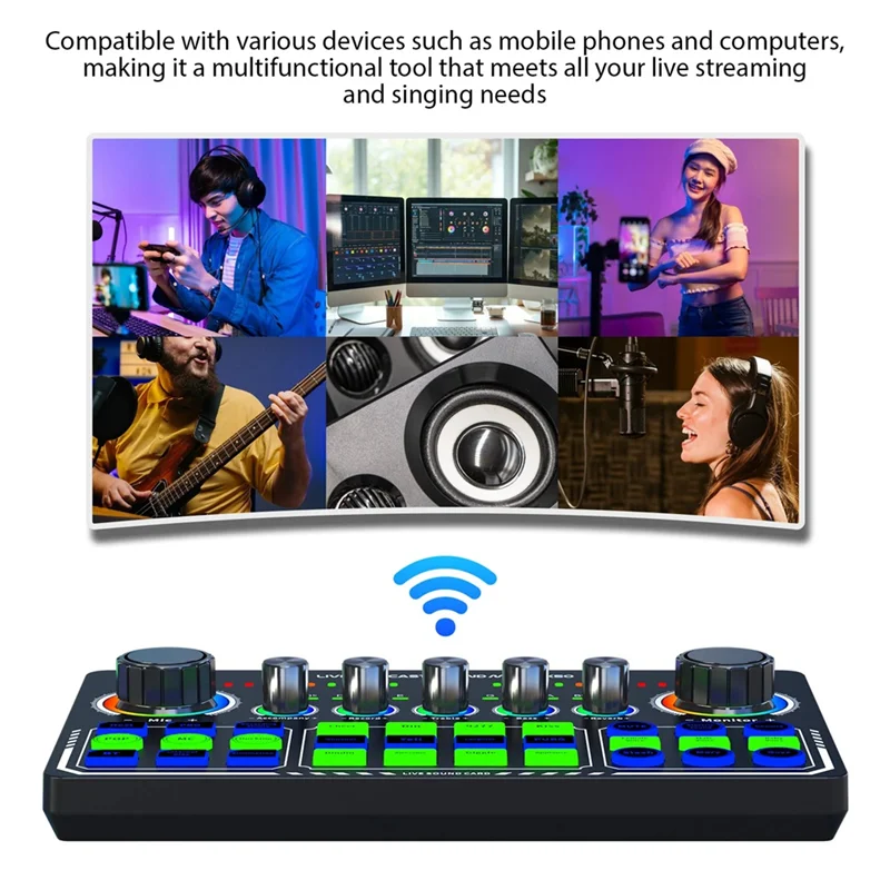Black rtshe-x50 live sound card audio mixer with green and blue illuminated buttons for otg digital lossless streaming and singing