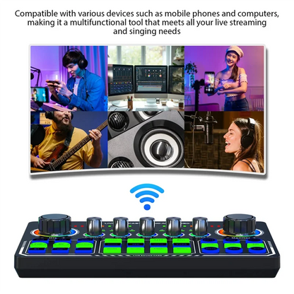 Black rtshe-x50 live sound card audio mixer with green and blue illuminated buttons for otg digital lossless streaming and singing