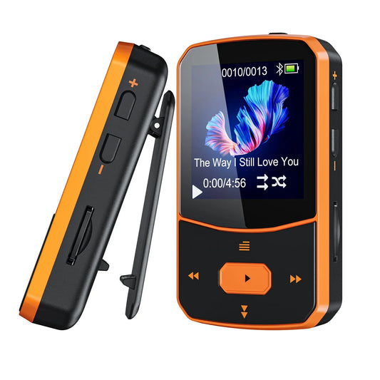 Ruizu x52 orange mp3 player with 1.5 inch tft color display showing song info supports 128gb tf card radio pedometer
