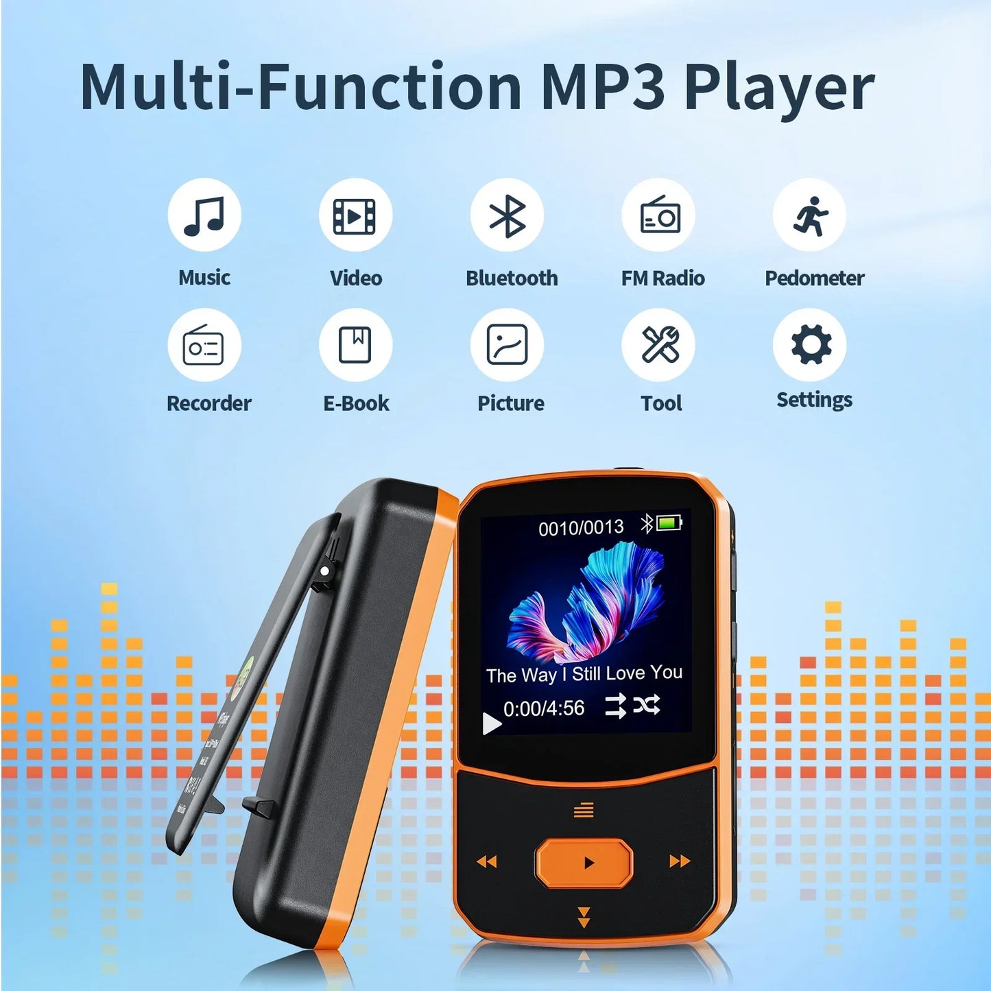 Ruizu x52 orange mp3 player with 1.5 inch color display radio pedometer and support for 128gb tf card