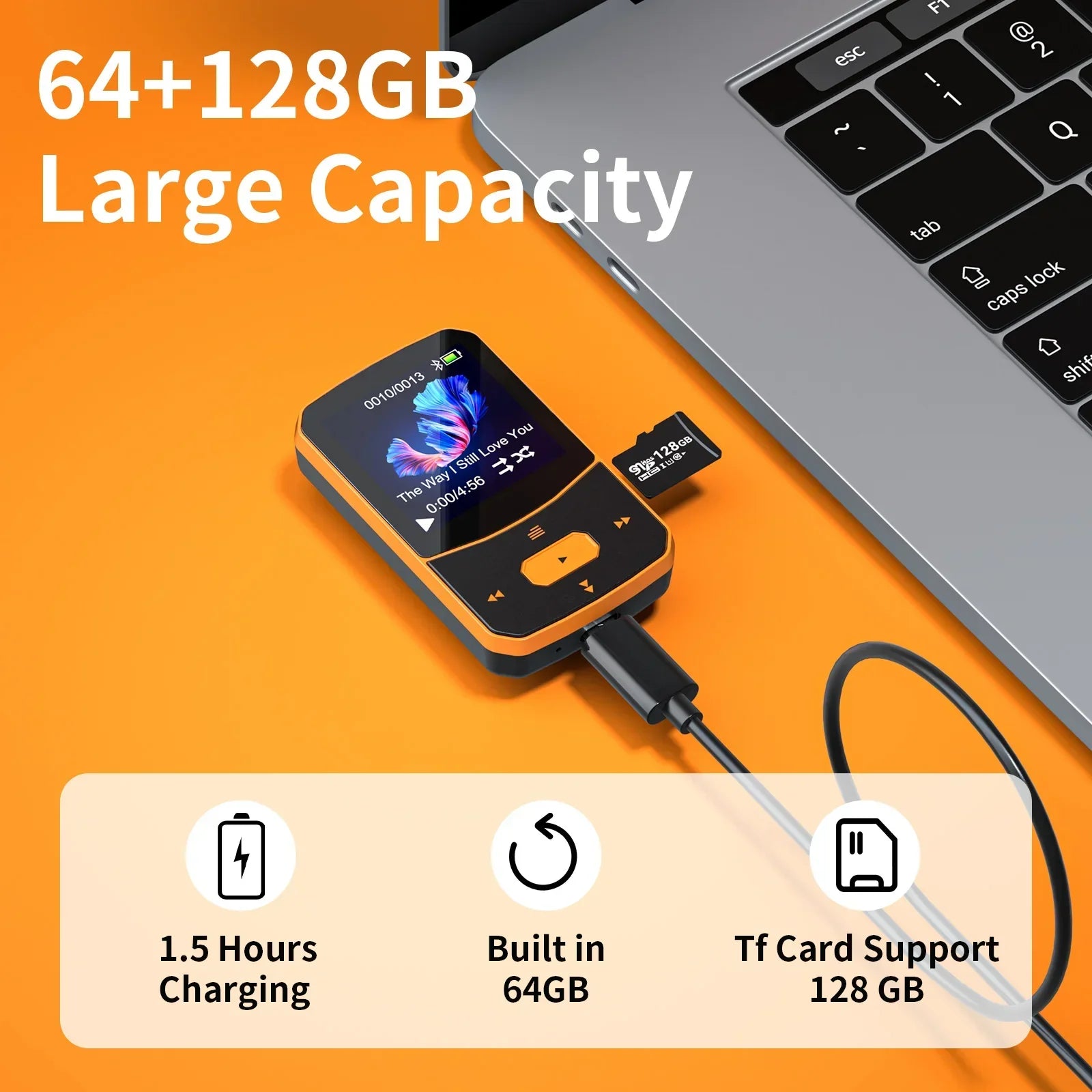 Ruizu x52 orange mp3 player with 1.5 inch touchscreen display supporting 128gb tf card radio pedometer and clip