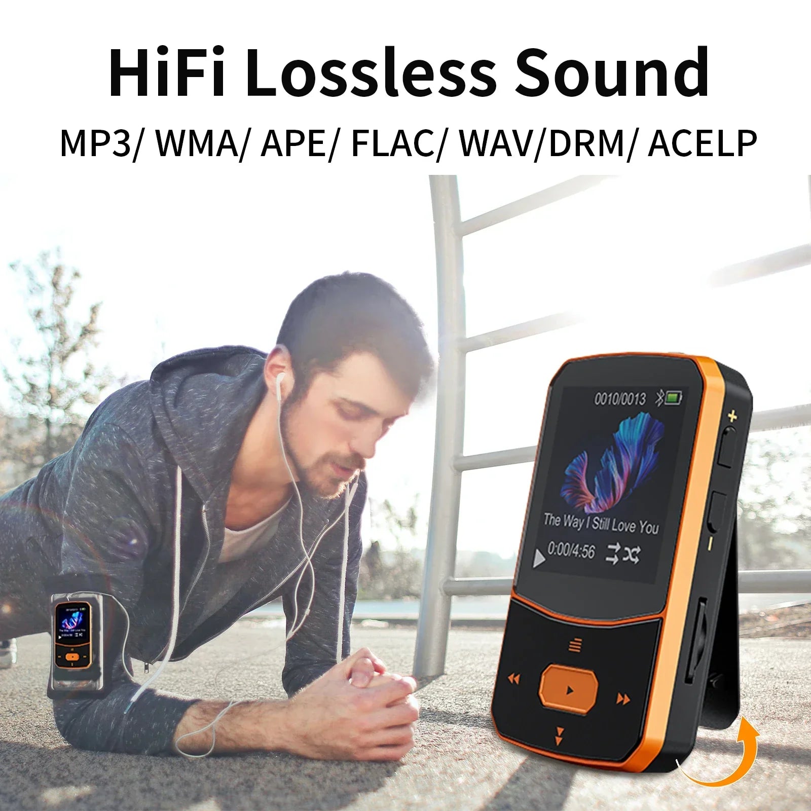 Ruizu X52 orange mp3 player with 1.5 inch TFT color display showing album art supports 128gb TF card radio pedometer