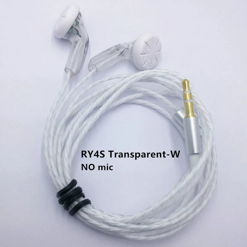 Ry4s original white transparent mx500 style earphone with braided bending hifi cable and gold-plated 3.5mm jack