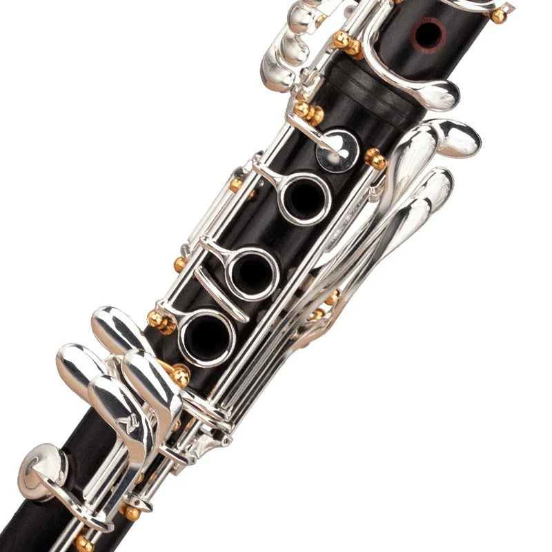 Black wooden clarinet solo black tube series musical instrument with silver keys and gold accents ebony bb rz model