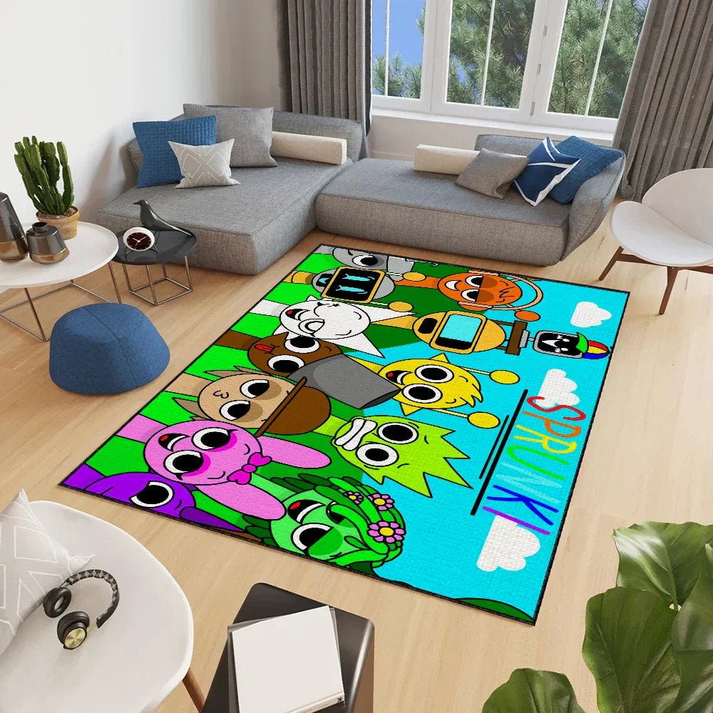 Colorful handmade tufted incredibox door mat with sprunki bedroom music game characters in green blue pink and yellow hues