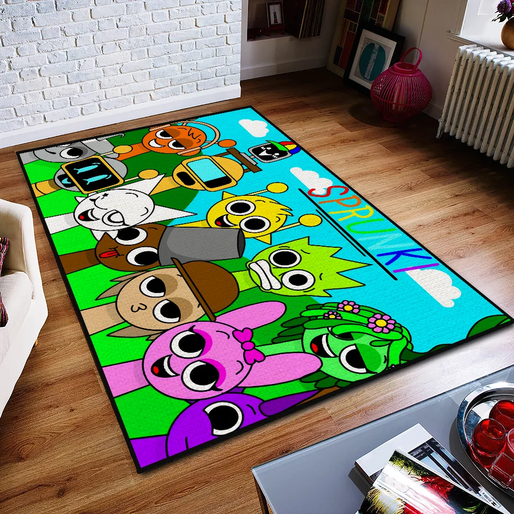 A colorful handmade tufted incredibox door mat with vibrant sprunki characters for bedroom music game decor