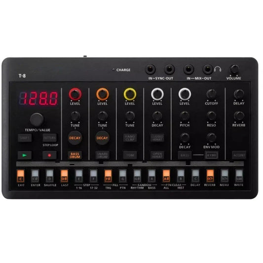 Black t8 drum machine with red display and multicolor knobs in s1 retro synthesizer e4 vocal chord p6 sampler set