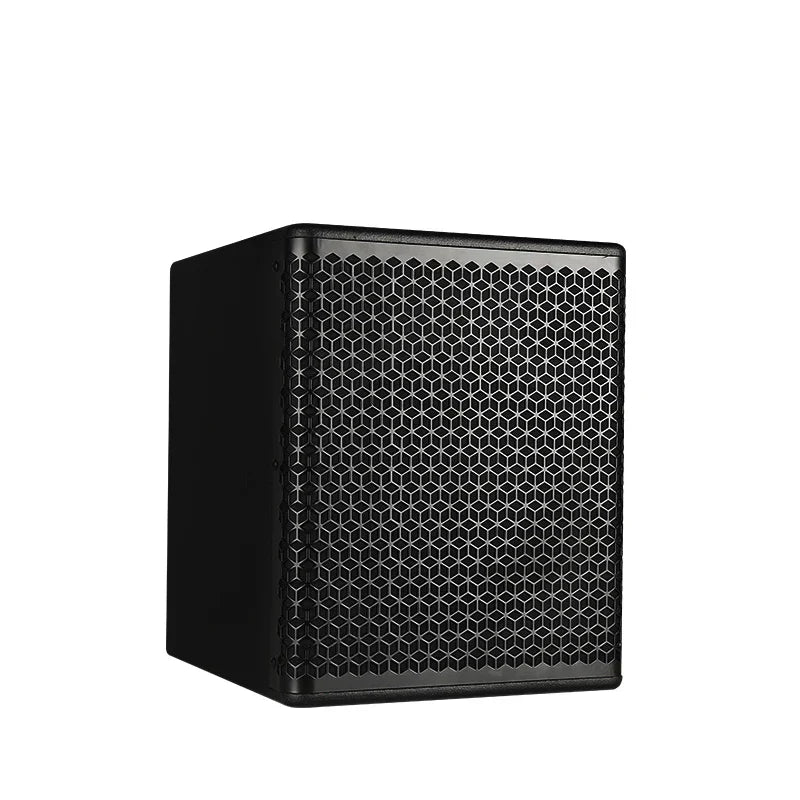 Black 10 inch professional audio subwoofer with hexagonal mesh grille for music studio equipment and party dj karaoke use