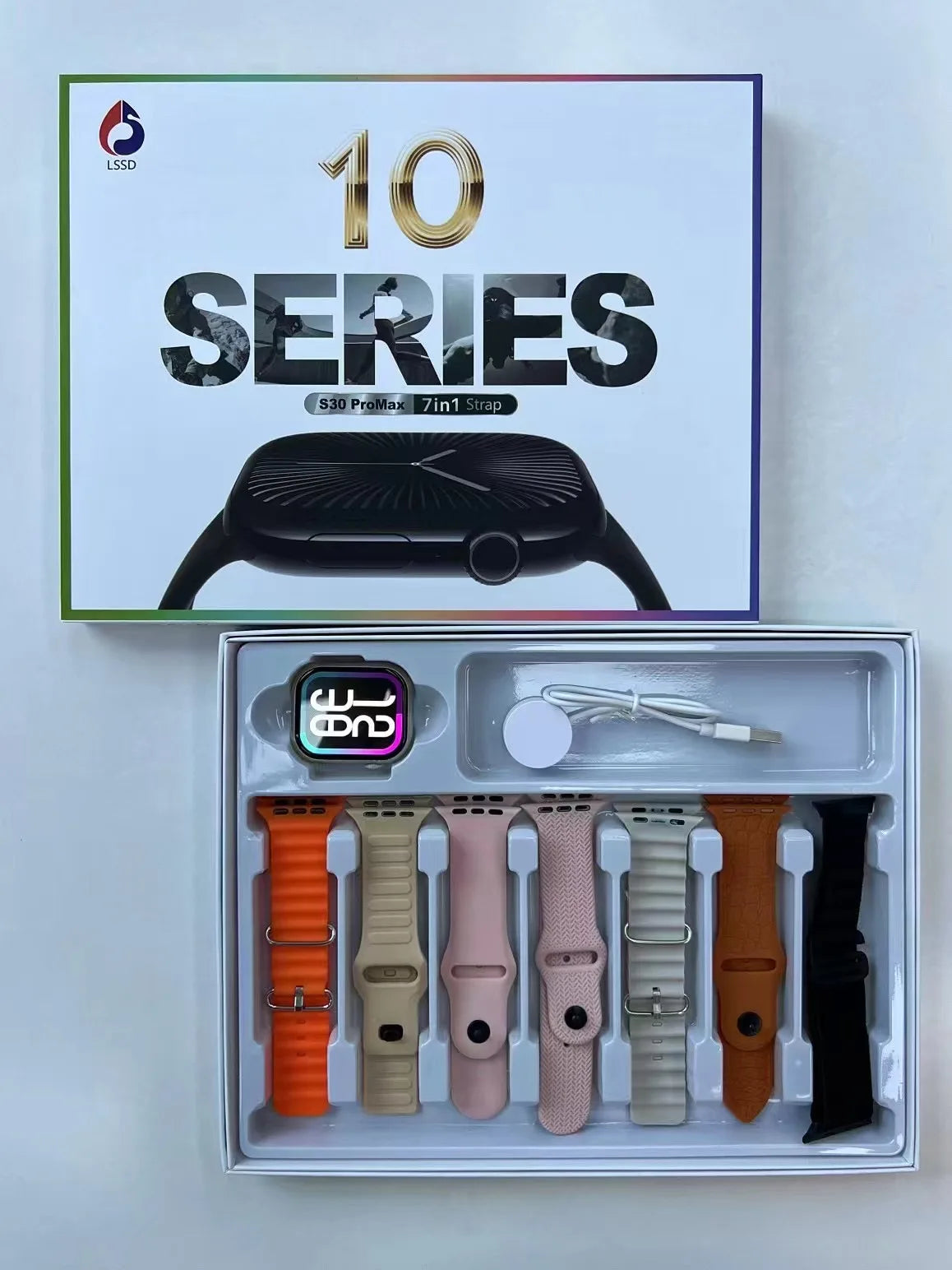 Lssd s30promax smart watch series 10 with black case and seven colorful silicone straps newest sports smartwatch bluetooth phone call