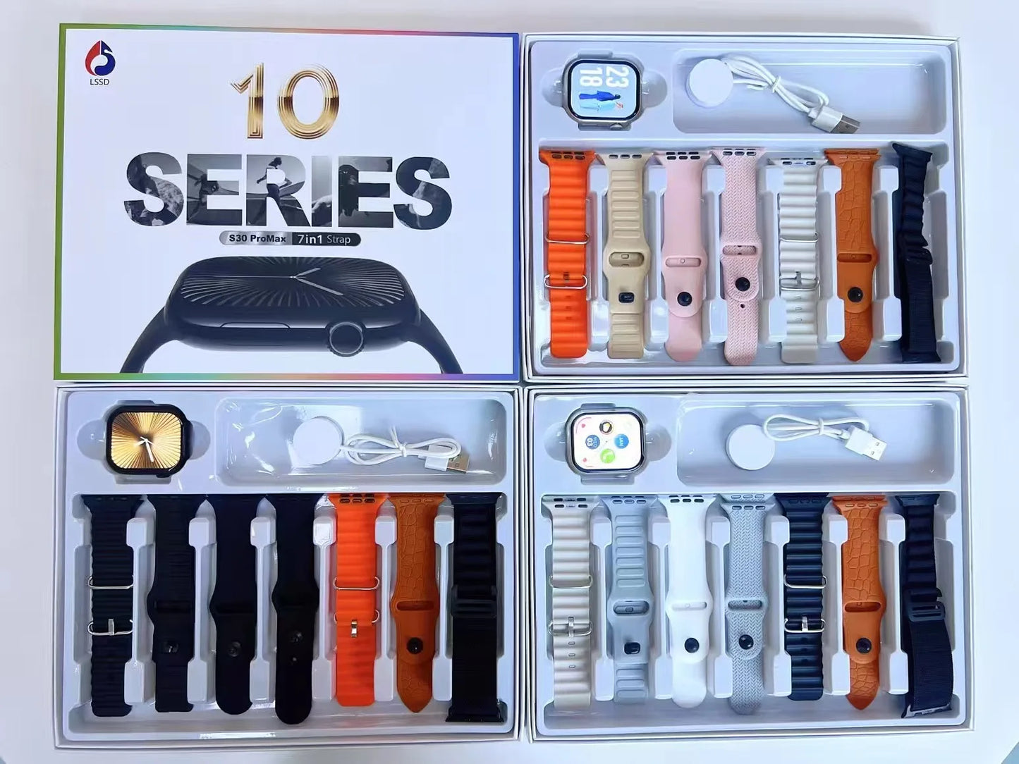 S30promax smart watch series 10 with sleek black case gold-tone bezel and multiple colorful silicone straps newest sports smartwatch sports smartwatch bluetooth