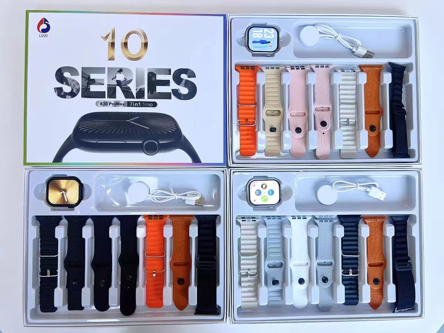 S30promax smart watch series 10 with sleek black case gold-tone bezel and multiple colorful silicone straps newest sports smartwatch sports smartwatch bluetooth