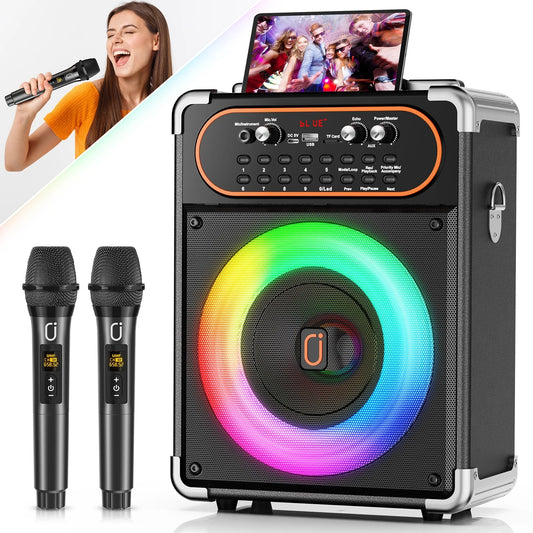 Black and silver s68 kara portable bluetooth karaoke machine with rainbow led lights and two wireless microphones for parties