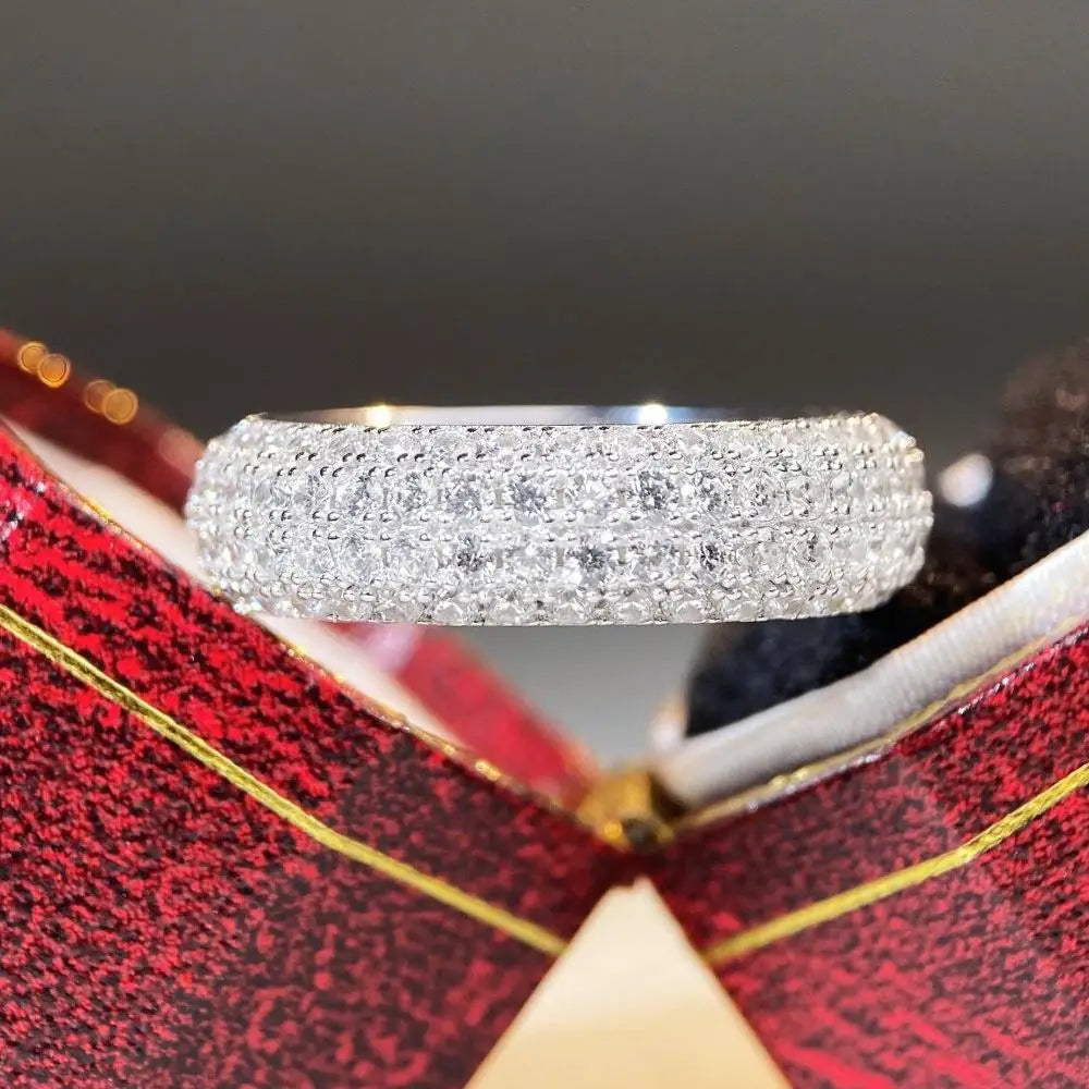 A sparkling white metal s925 sterling silver diamond ring unisex luxury with wide pave-set design for trend jewelry
