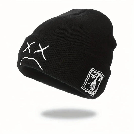 Black knit graphic brimless beanie with white sad face embroidered and side logo patch casual hip-hop style white knitted hat
