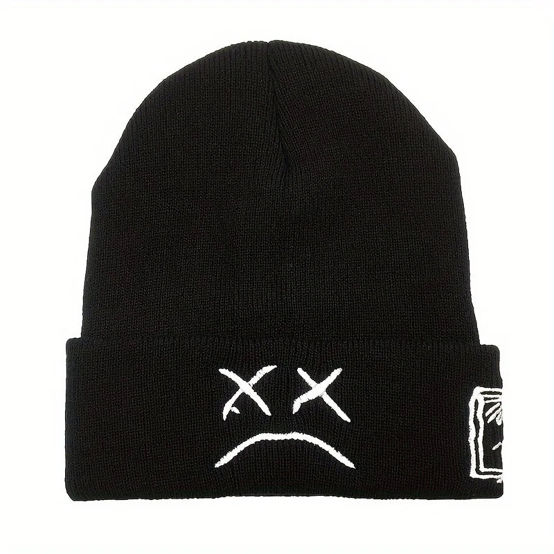 Black knit graphic brimless beanie with white sad face embroidered and logo on cuff casual hip-hop style white knitted hat