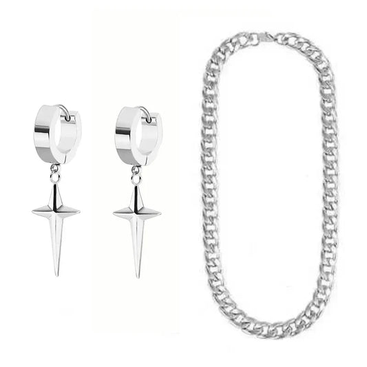 Silver starburst drop hoop earrings with polished finish from sajaboys jinu anime cosplay jewelry set for hip hop party
