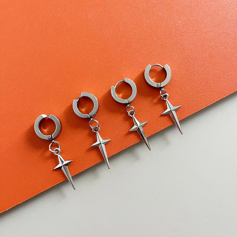 Silver star-shaped dangling hoop earrings with sleek metallic finish from sajaboys jinu anime cosplay jewelry set for hip hop party