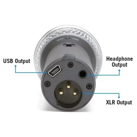 Silver metallic samson q2u handheld usb xlr microphone with textured grille and multiple output ports for studio gaming streaming