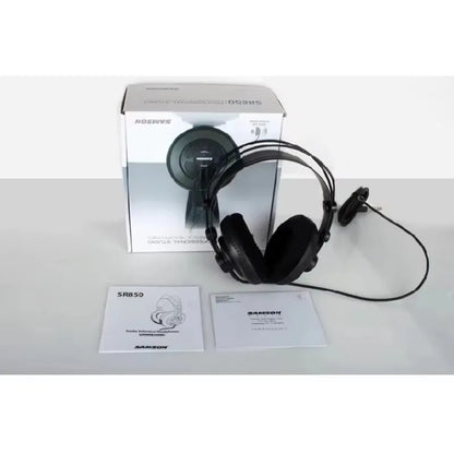 Black samson sr850 studio reference monitor headphone with padded earcups and coiled cable for recording monitoring music