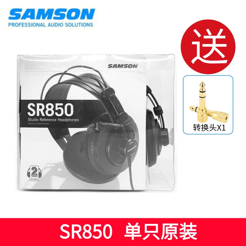 Black samson sr850 studio reference monitor headphone with semi open design in clear packaging for recording monitoring music