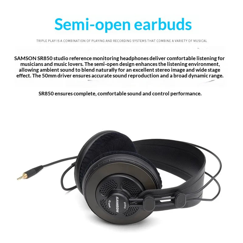 Black samson sr850 studio reference monitor headphone with padded earcups and headband for recording monitoring music