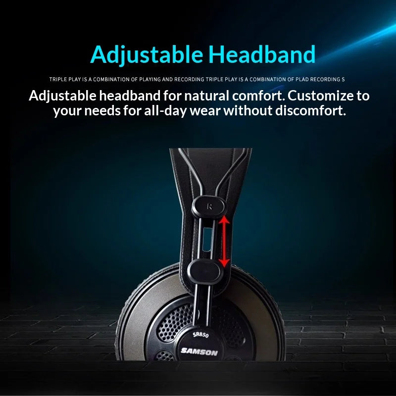 Black samson sr850 studio reference monitor headphone with adjustable ergonomic headband for recording monitoring music