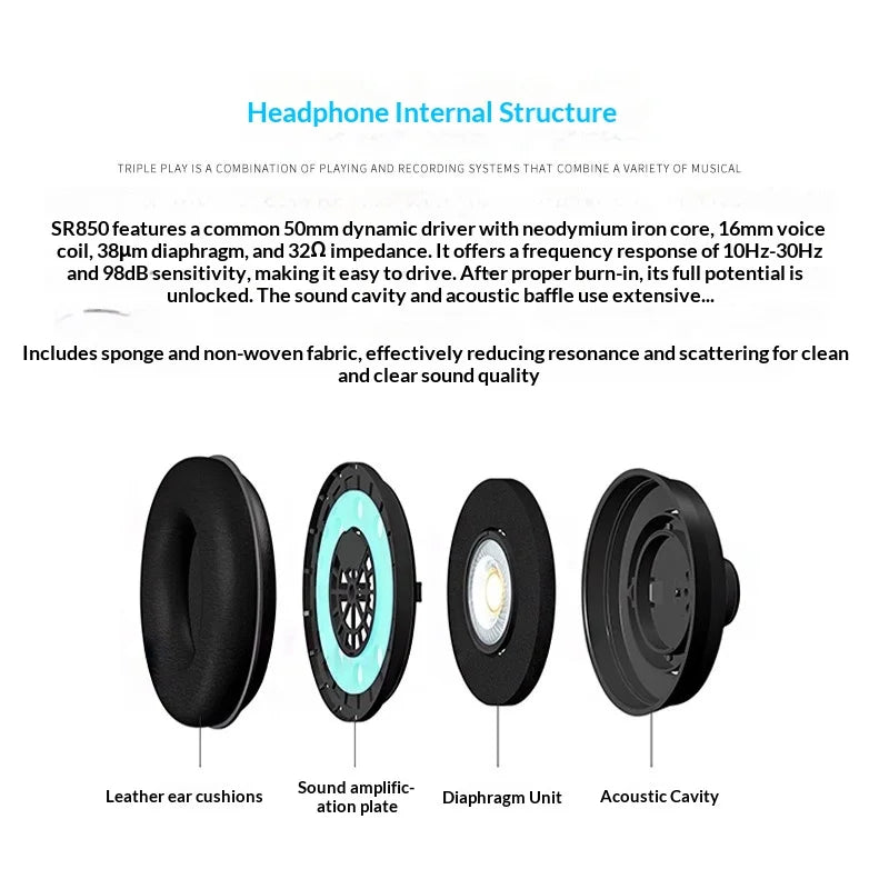 Black leather ear cushions with soft padded texture for comfort on samson sr850 studio reference monitor headphone for recording monitoring music