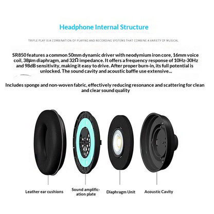 Black leather ear cushions with soft padded texture for comfort on samson sr850 studio reference monitor headphone for recording monitoring music