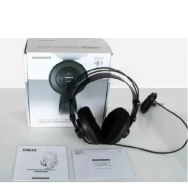 Black samson sr850 studio reference monitor headphone with padded earcups and coiled cable for recording monitoring music