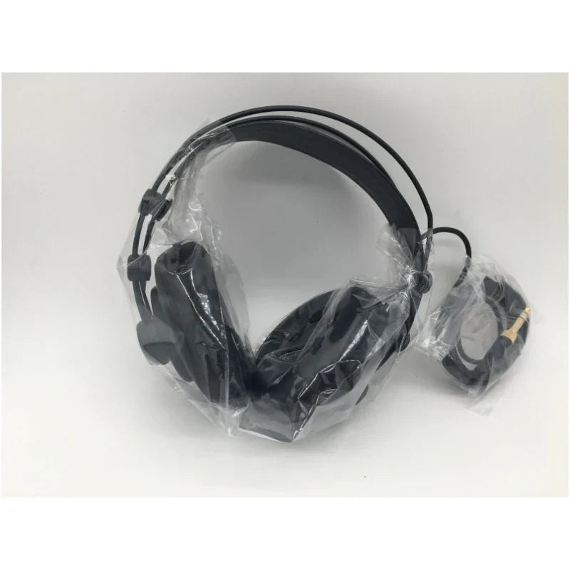 Samson sr850 studio black over-ear reference monitor headphone with padded earcups wrapped in clear plastic for recording monitoring music