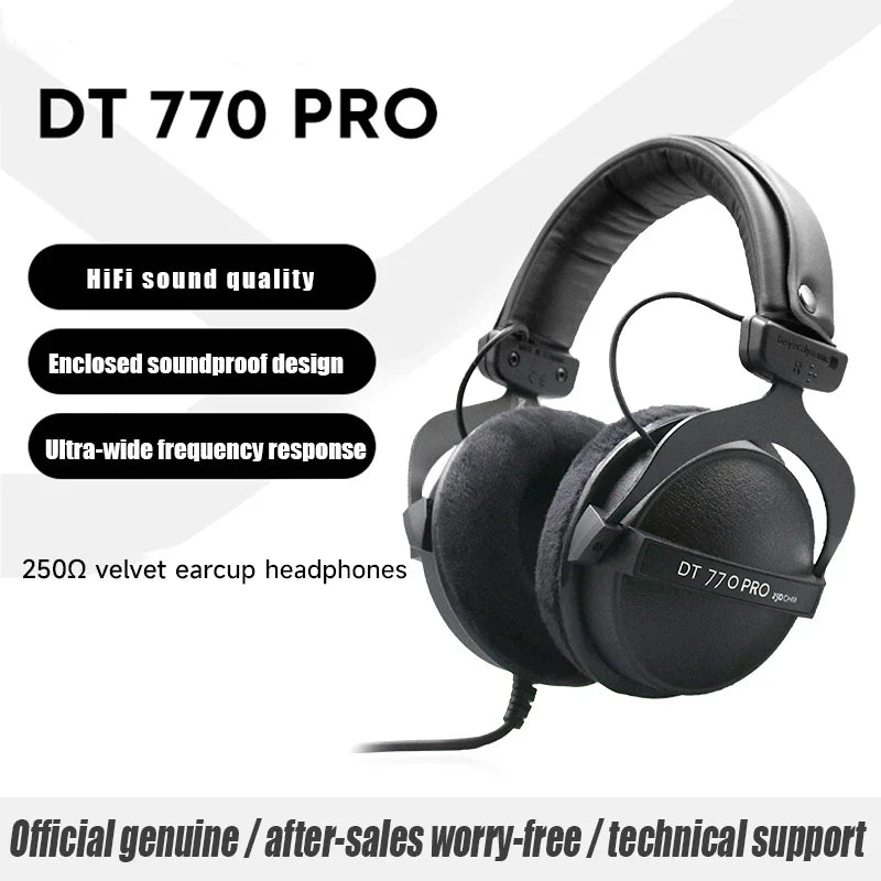 Black sanpusen dt770 pro studio monitor closed-back headphones with velvet earcups and padded headband for studio recording mixing