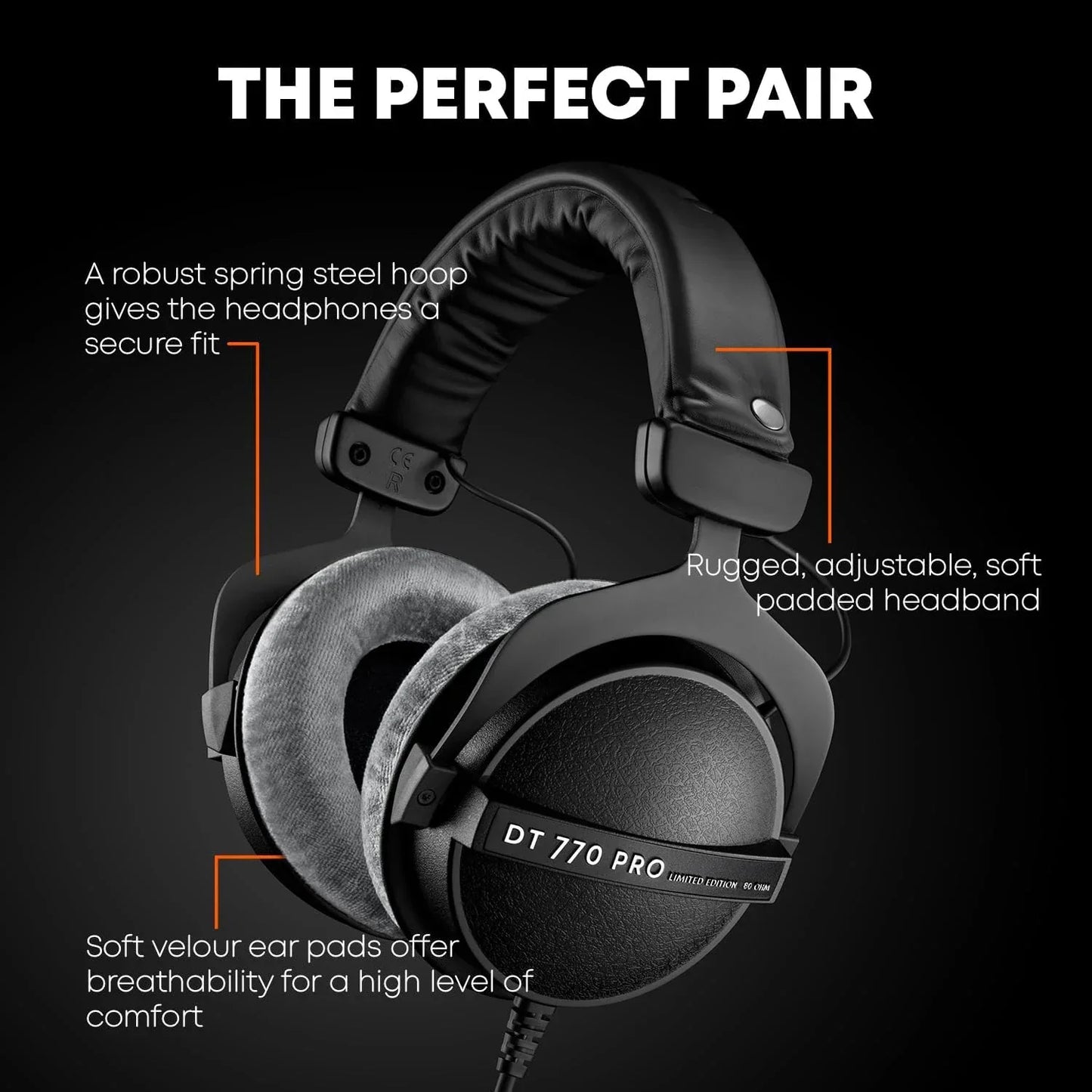 Black sanpusen dt770 pro studio monitor closed-back headphones with matte finish velour pads for recording mixing