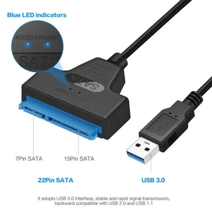 Black usb 3.0 to sata adapter cable with blue led indicators and dual ports for external hdd ssd disk computer connector conversion connection