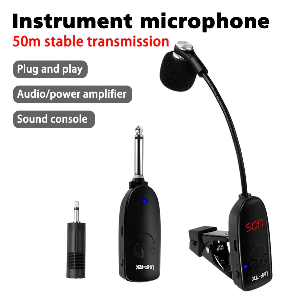Black trumpet trombone special wireless microphone system with flexible gooseneck and digital display for professional recording performance