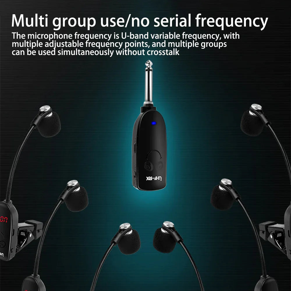 Black wireless microphone instrument transmitter with blue led and xiao branding for trumpet trombone special recording performance outdoor