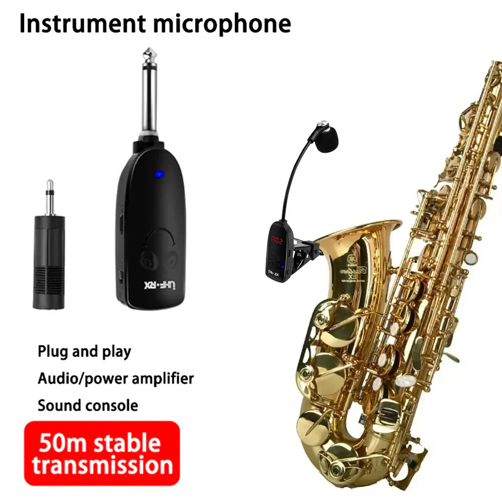 Gold-colored saxophone with black special wireless microphone clip for professional recording performance and trumpet trombone special use