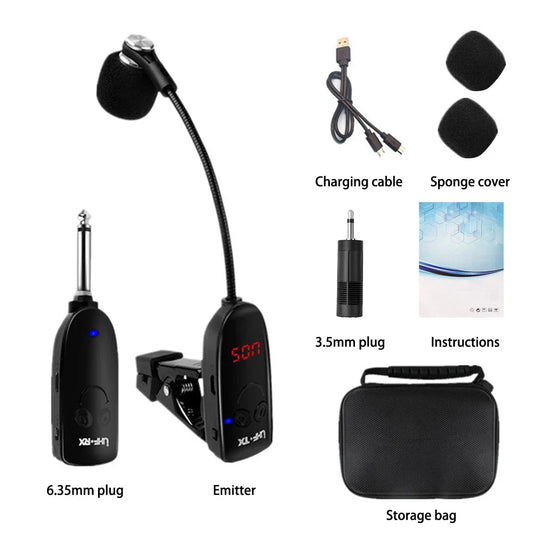 Black wireless guitar tuner with flexible gooseneck microphone and digital display for trumpet trombone special use in professional recording performance