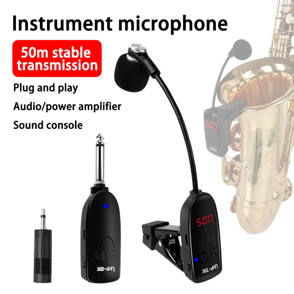 Black wireless instrument pickup amplifier microphone with flexible gooseneck clip and 50m digital display for sax trumpet trombone
