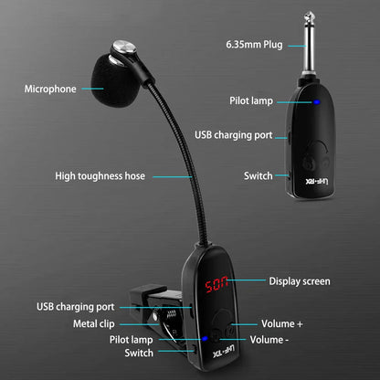 Black wireless guitar tuner with flexible gooseneck microphone and digital display for sax trumpet trombone special wireless microphone instrument pickup amplifier