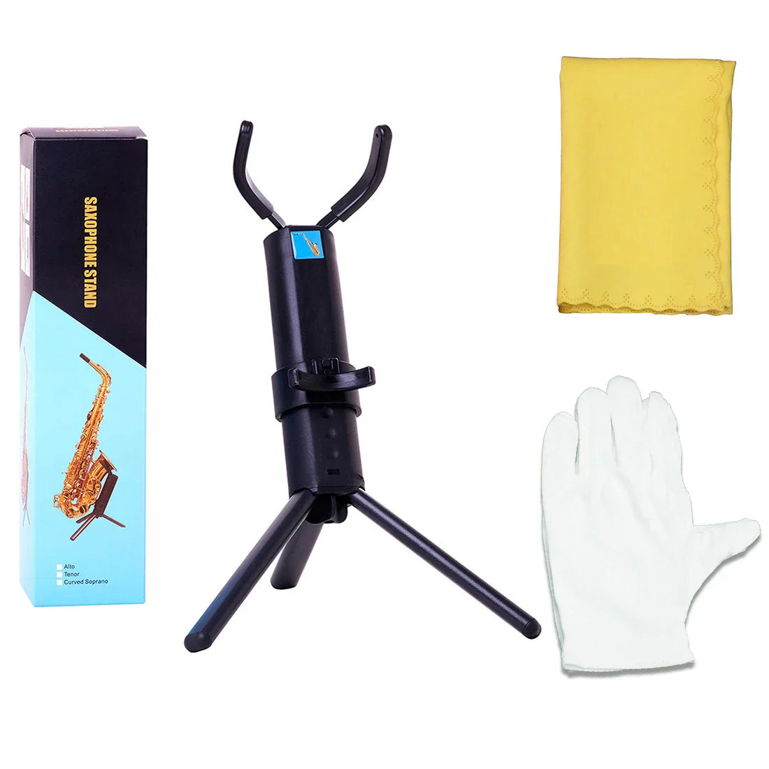 Black tripod folding portable sax stand with adjustable arms and central locking mechanism for trumpet flute stand and clarinet holder stand