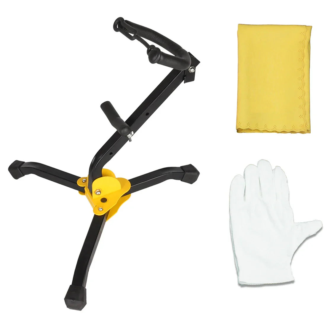 Black and yellow folding portable sax and clarinet holder stand with sturdy tripod base for trumpet flute stand use