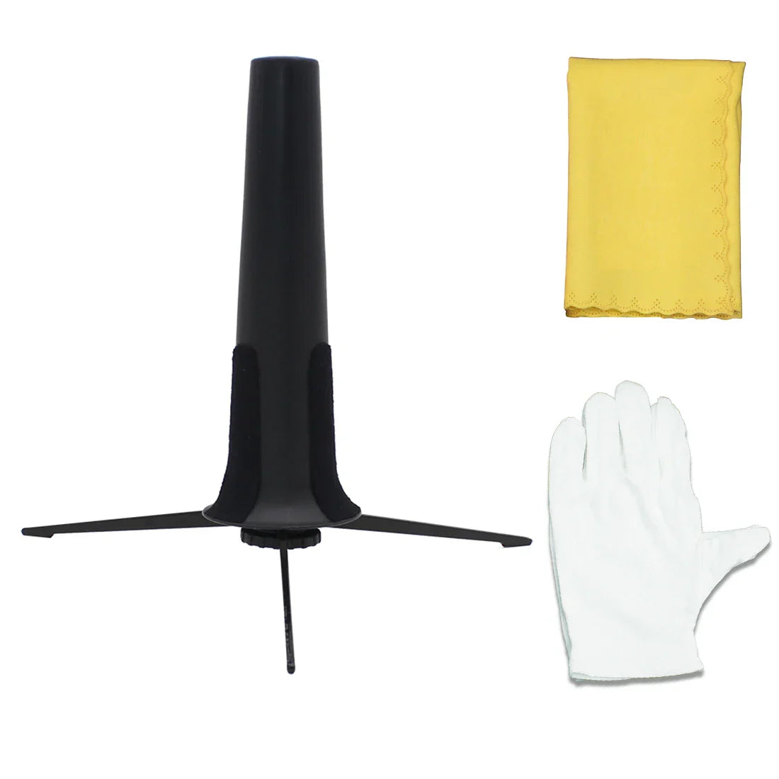 Black plastic folding portable sax stand with three legs and central rod for trumpet flute stand clarinet holder stand