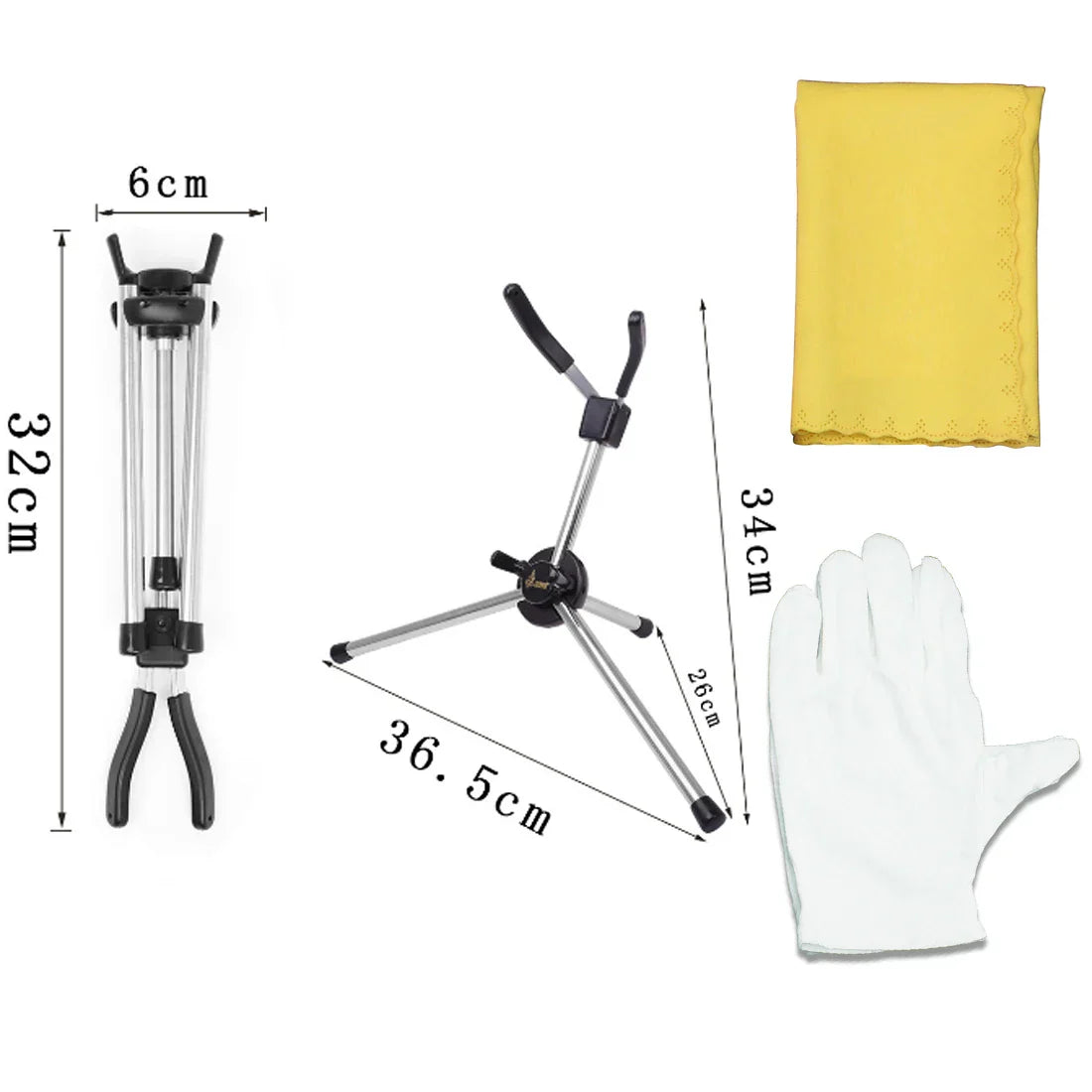 Silver metal folding portable sax stand with black plastic joints for trumpet flute stand and clarinet holder stand use