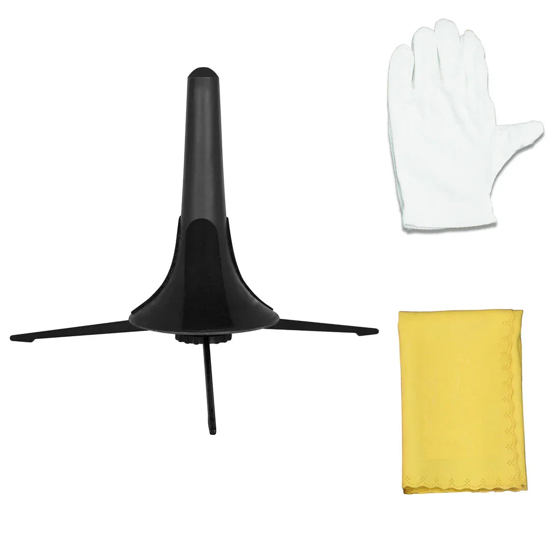 Black plastic trombone mute stand with three extendable legs for folding portable sax and clarinet holder stand use