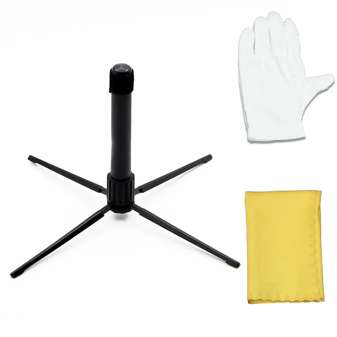Black folding portable sax bracket made of metal as a trumpet flute stand and clarinet holder stand for woodwind instruments