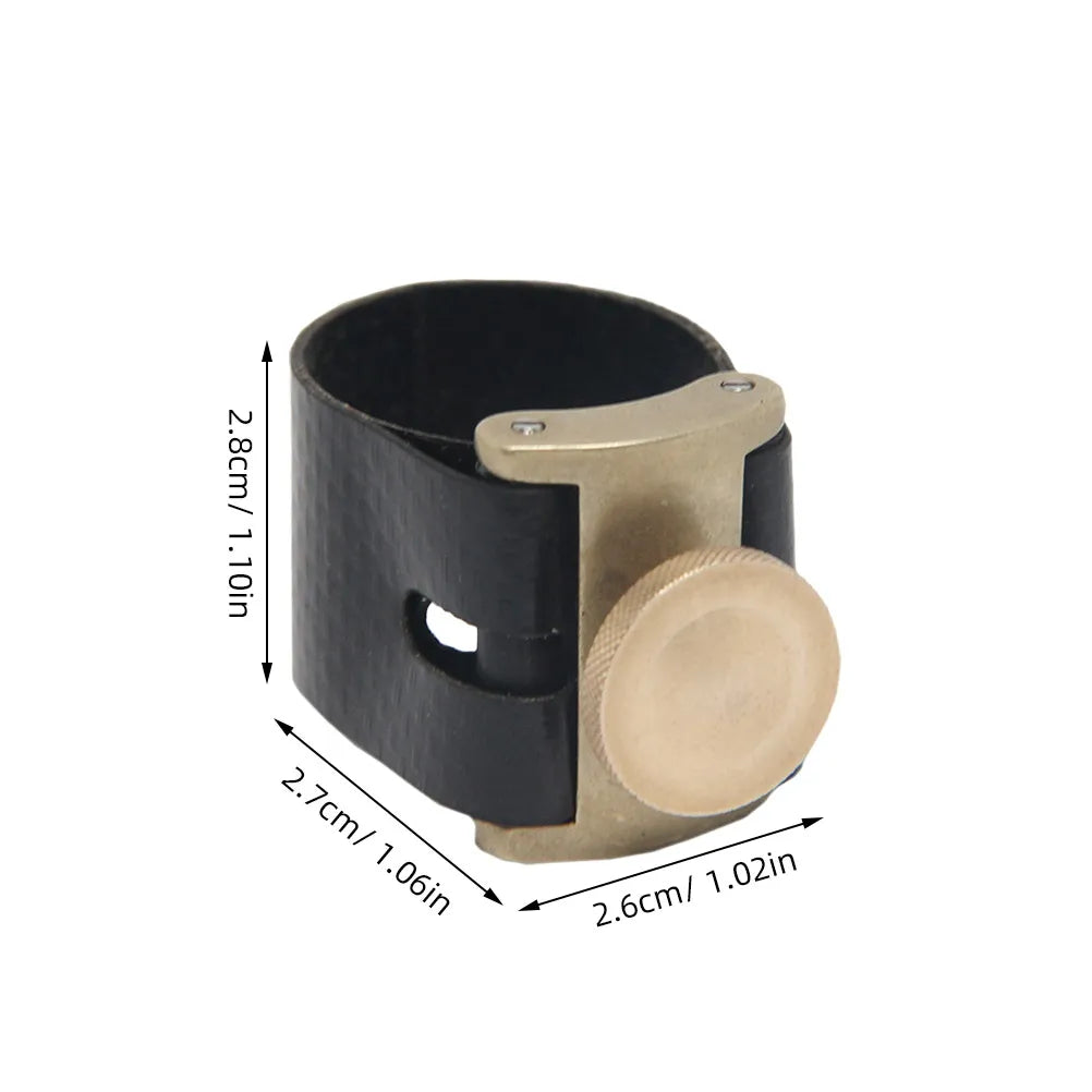 Black leather saxophone mouthpiece clip with brass-colored metal clasp and adjustment knob sax clip fastener accessory