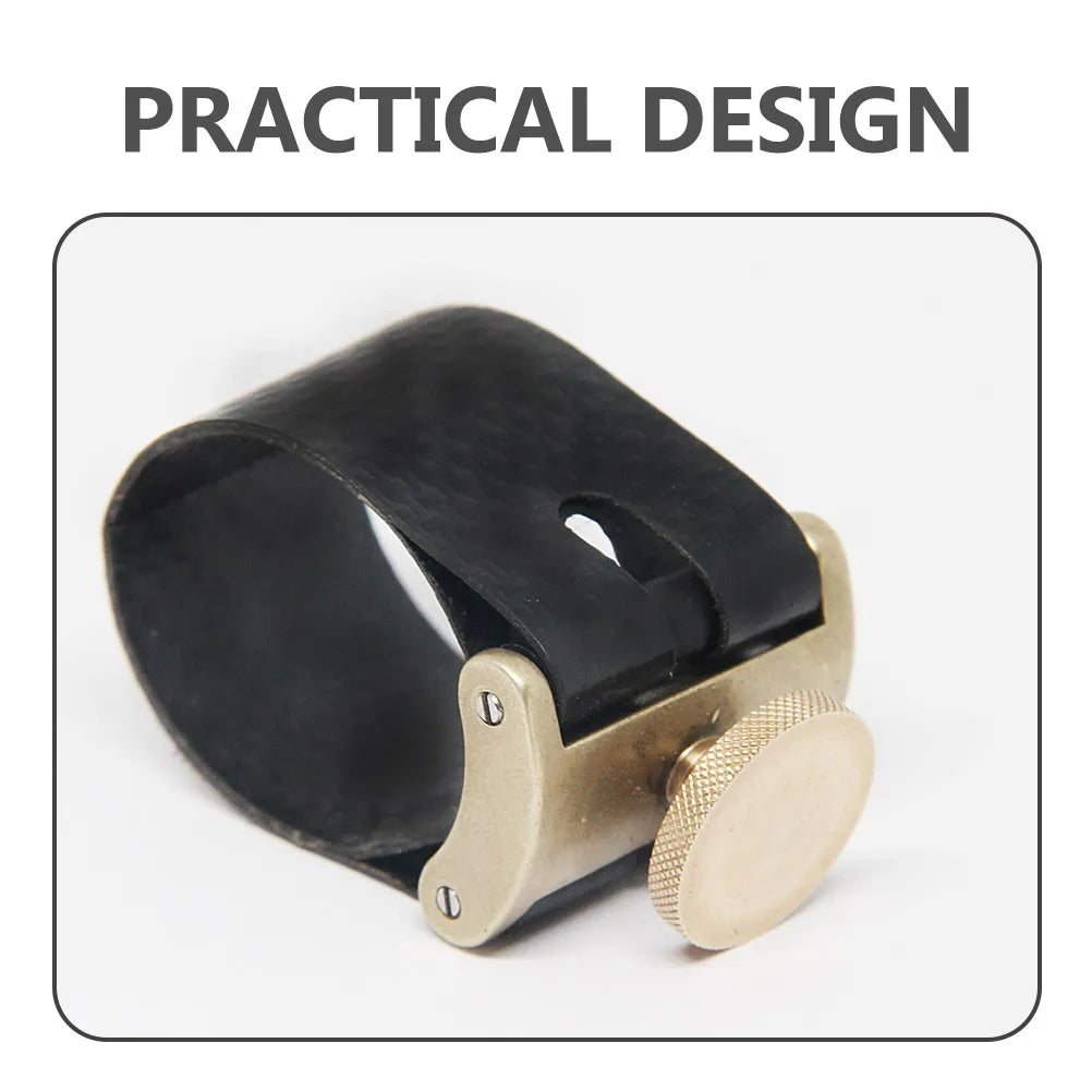 Black leather saxophone mouthpiece clip with brass-colored metal clamping mechanism and adjustment knob for alto saxophone
