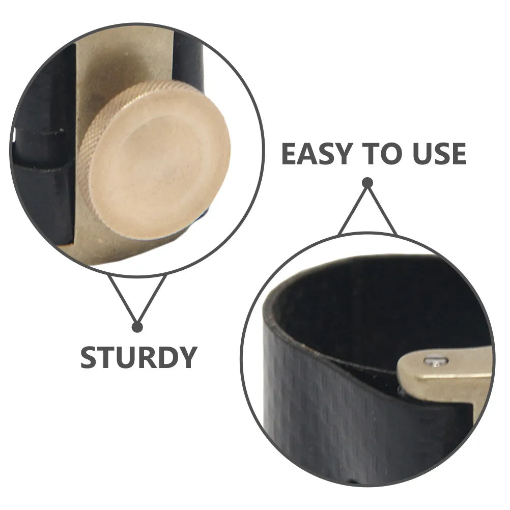 Black leather strap saxophone mouthpiece clip with brass-colored metal hardware sax clip fastener accessory