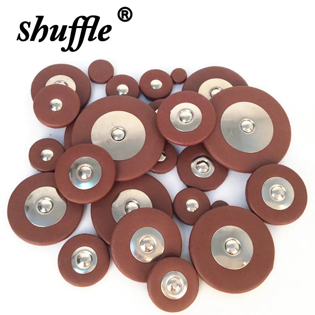 Brown circular button leather pad with silver metal center and fastener for alto soprano saxophone pads use