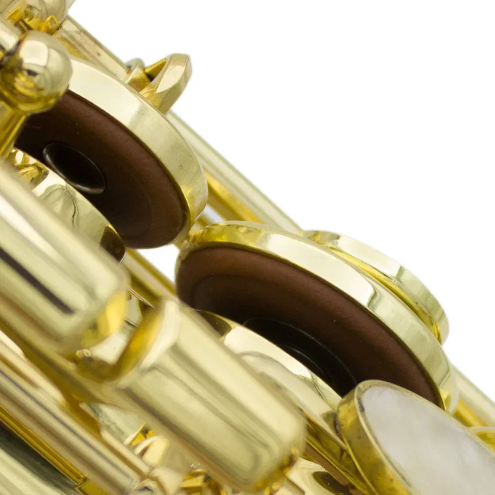 Golden brass saxophone with polished keys and dark brown button leather pads for alto soprano saxophone pads use
